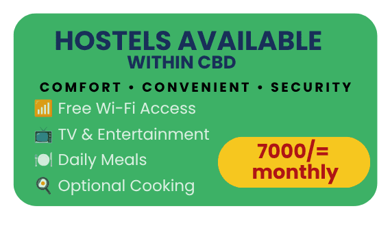 BBTI hostel advertisement: comfort, convenient, security — Free Wi-Fi access, TV & entertainment, daily meals, optional cooking, KES 7,000 monthly